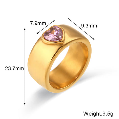 Wholesale Ins Style Heart Shape Stainless Steel 18k Gold Plated Zircon Wide Band Ring