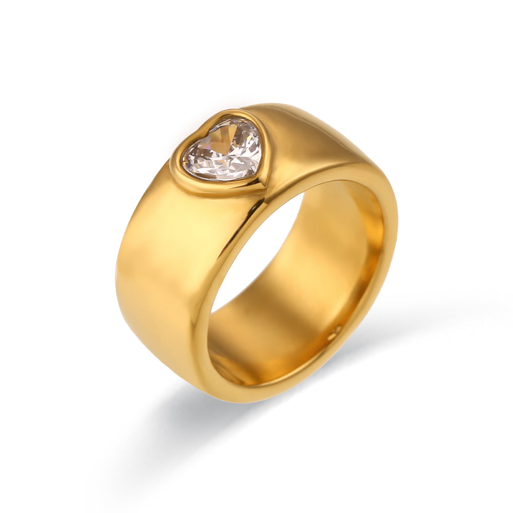 Wholesale Ins Style Heart Shape Stainless Steel 18k Gold Plated Zircon Wide Band Ring