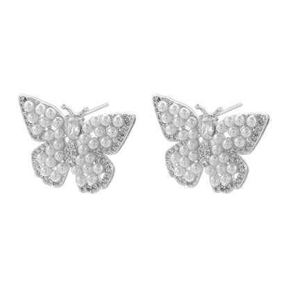 1 Pair Elegant Butterfly Copper Plating Inlay Pearl Zircon 18k Gold Plated Ear Studs