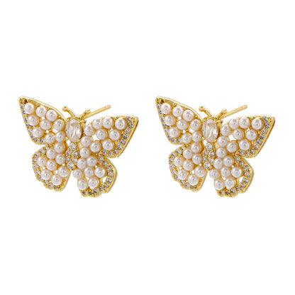 1 Pair Elegant Butterfly Copper Plating Inlay Pearl Zircon 18k Gold Plated Ear Studs