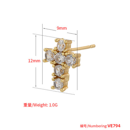 1 Pair Elegant Cross Copper Plating Inlay Zircon 18k Gold Plated Ear Studs