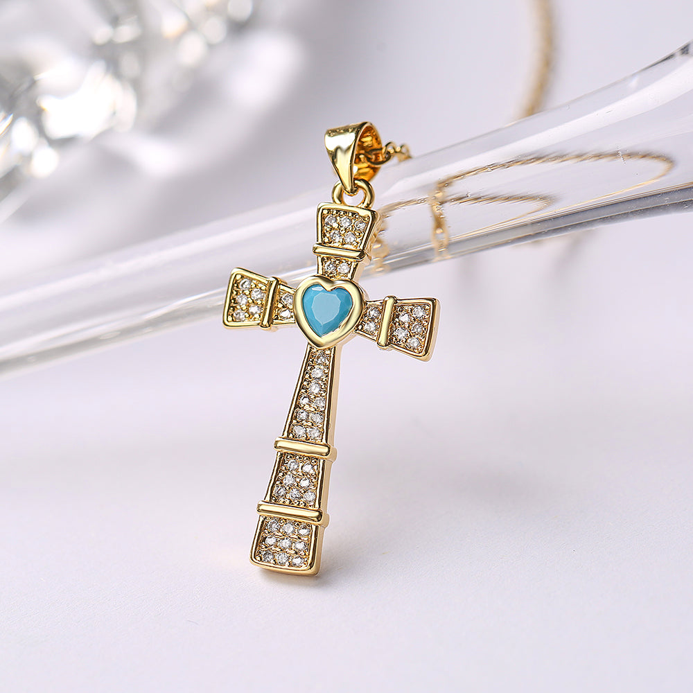 Ins Style Cross Copper Plating Inlay Zircon 18k Gold Plated Pendant Necklace