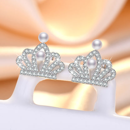 1 Pair Sweet Leaf Crown Bow Knot Imitation Pearl Copper Inlay Rhinestones Earrings