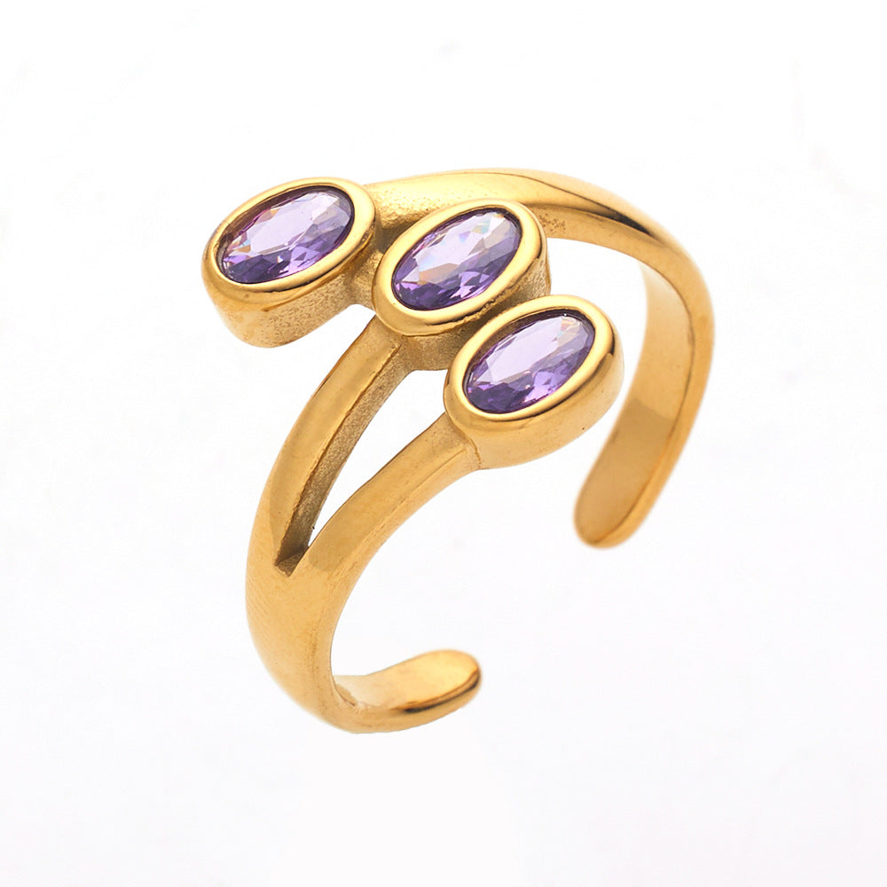 Retro Oval Titanium Steel Inlay Zircon Rings 1 Piece