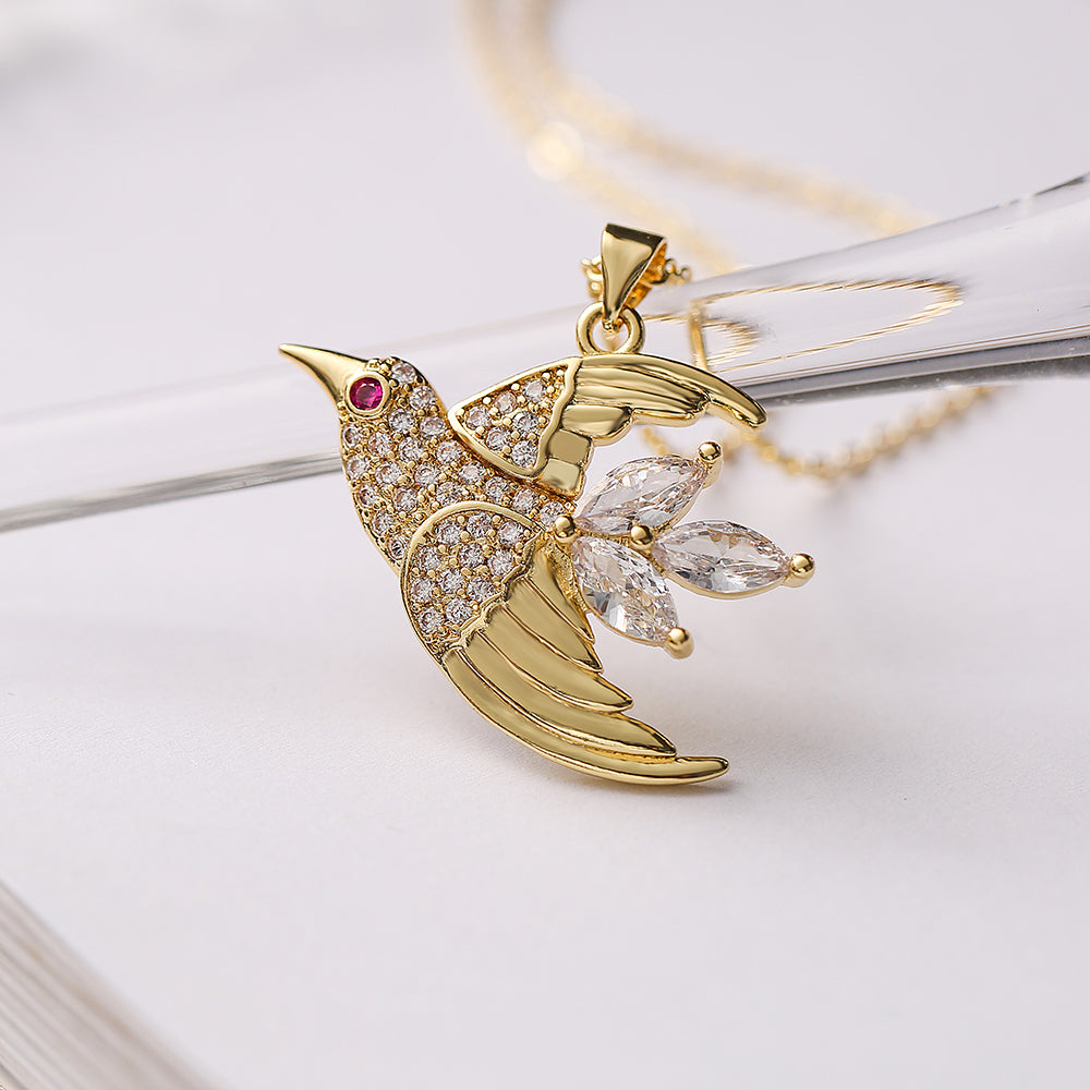 Ins Style Bird Copper Plating Inlay Zircon 18k Gold Plated Pendant Necklace