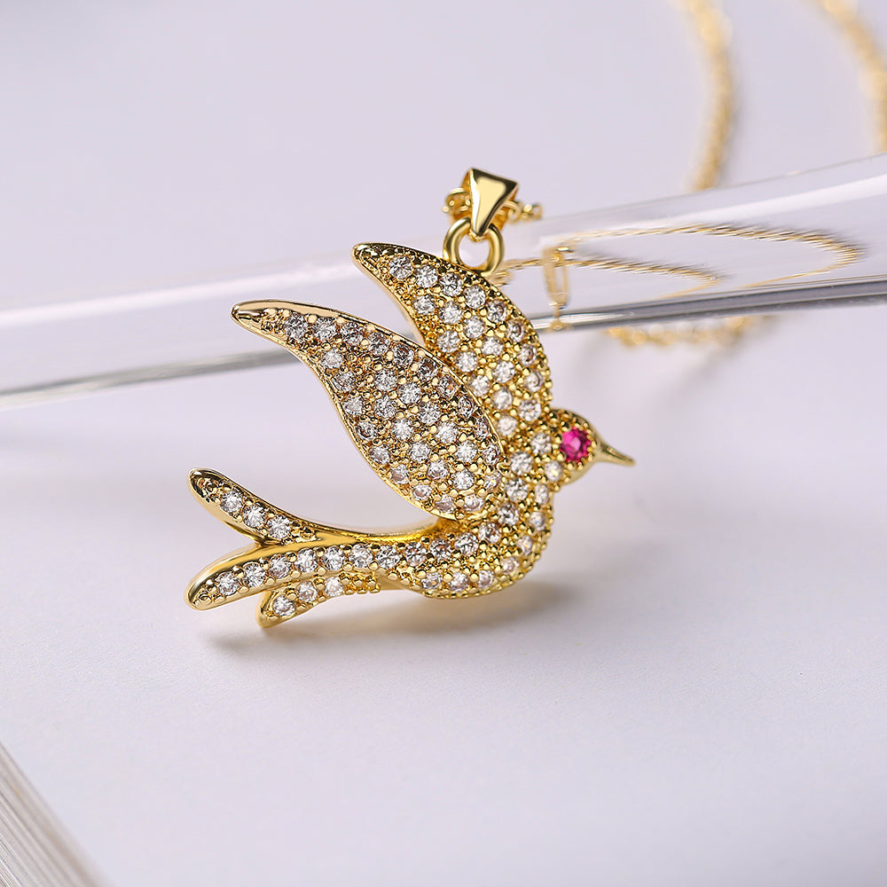 Ins Style Bird Copper Plating Inlay Zircon 18k Gold Plated Pendant Necklace