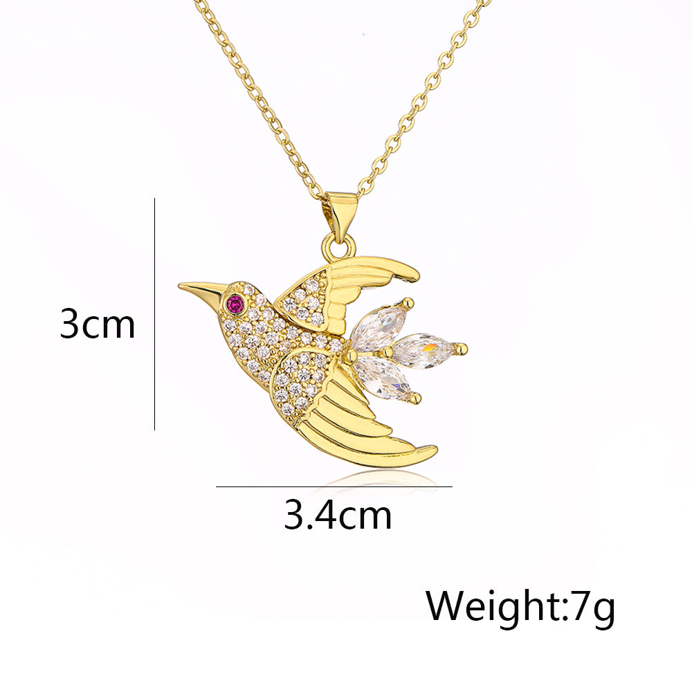 Ins Style Bird Copper Plating Inlay Zircon 18k Gold Plated Pendant Necklace