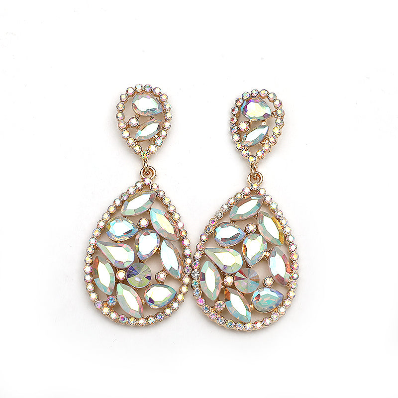 Wholesale Jewelry 1 Pair Luxurious Water Droplets Alloy Artificial Rhinestones Glass Drop Earrings