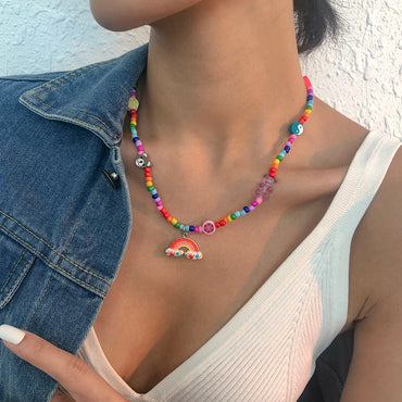 Vacation Little Bear Rainbow Heart Shape Alloy Seed Bead Soft Clay Inlay Resin Women's Pendant Necklace