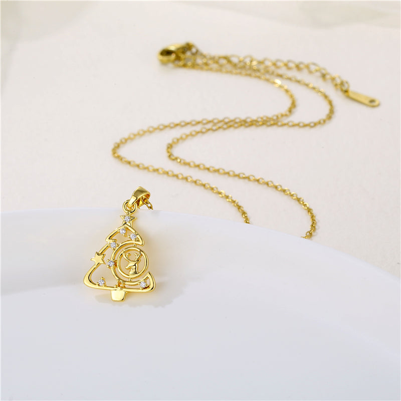 Wholesale Korean Style Christmas Tree Heart Shape Flower Stainless Steel Titanium Steel 18k Gold Plated Gold Plated Zircon Pendant Necklace