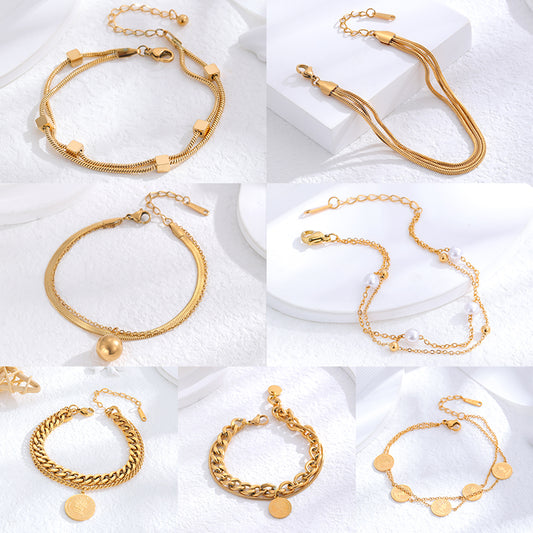 Wholesale Simple Style Round Solid Color Titanium Steel 24k Gold Plated Bracelets