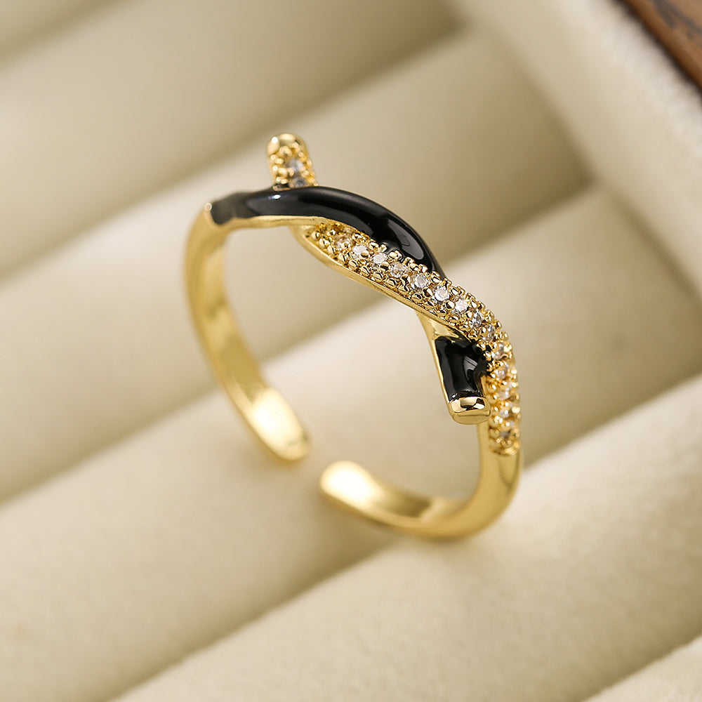 Simple Style Knot Copper Enamel Plating Inlay Zircon 18k Gold Plated Open Ring