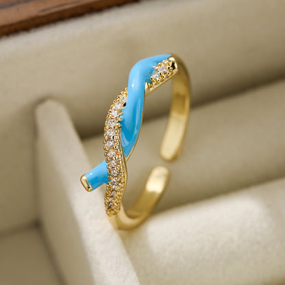 Simple Style Knot Copper Enamel Plating Inlay Zircon 18k Gold Plated Open Ring