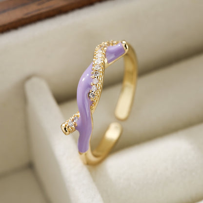 Simple Style Knot Copper Enamel Plating Inlay Zircon 18k Gold Plated Open Ring