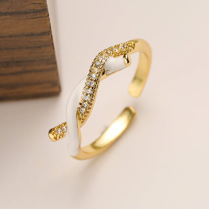 Simple Style Knot Copper Enamel Plating Inlay Zircon 18k Gold Plated Open Ring