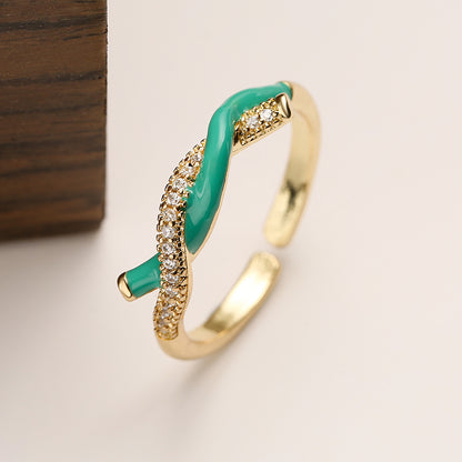 Simple Style Knot Copper Enamel Plating Inlay Zircon 18k Gold Plated Open Ring