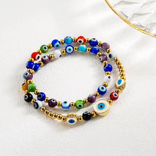 Cool Style Cross Devil's Eye Snake Stainless Steel Artificial Pearl Imitation Pearl Enamel Plating Inlay Artificial Gemstones Gold Plated Bracelets
