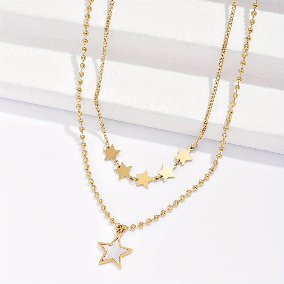 Wholesale Korean Style Pentagram Stainless Steel 14k Gold Plated Shell Layered Necklaces