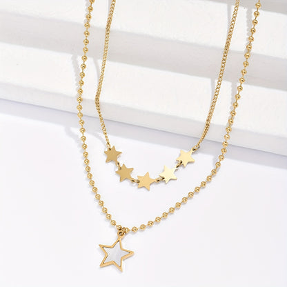 Wholesale Korean Style Pentagram Stainless Steel 14k Gold Plated Shell Layered Necklaces