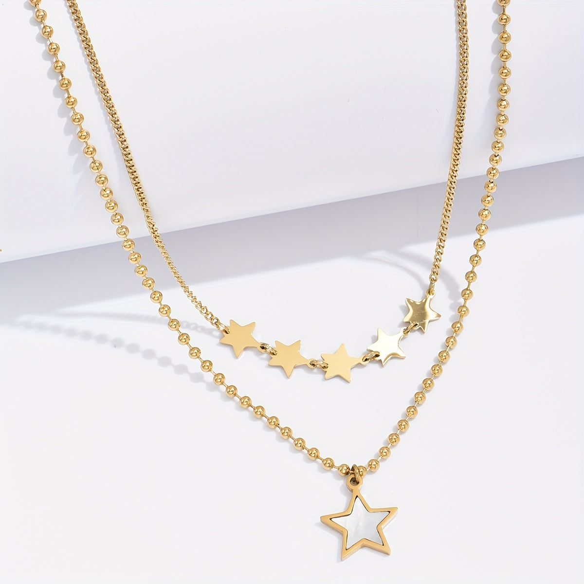 Wholesale Korean Style Pentagram Stainless Steel 14k Gold Plated Shell Layered Necklaces