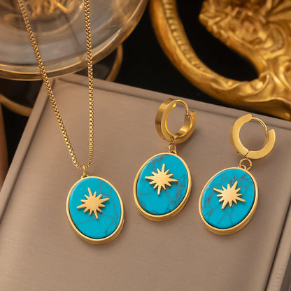 Wholesale Retro Star Oval Titanium Steel 18k Gold Plated Turquoise Earrings Necklace