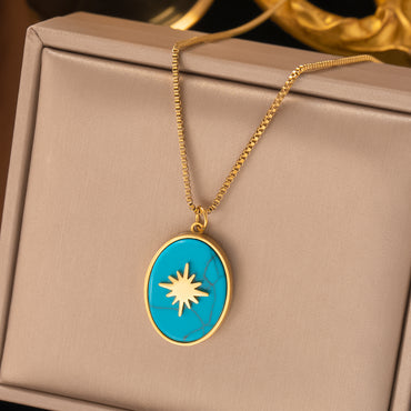 Wholesale Retro Star Oval Titanium Steel 18k Gold Plated Turquoise Earrings Necklace