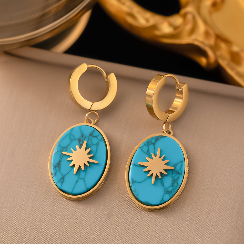 Wholesale Retro Star Oval Titanium Steel 18k Gold Plated Turquoise Earrings Necklace