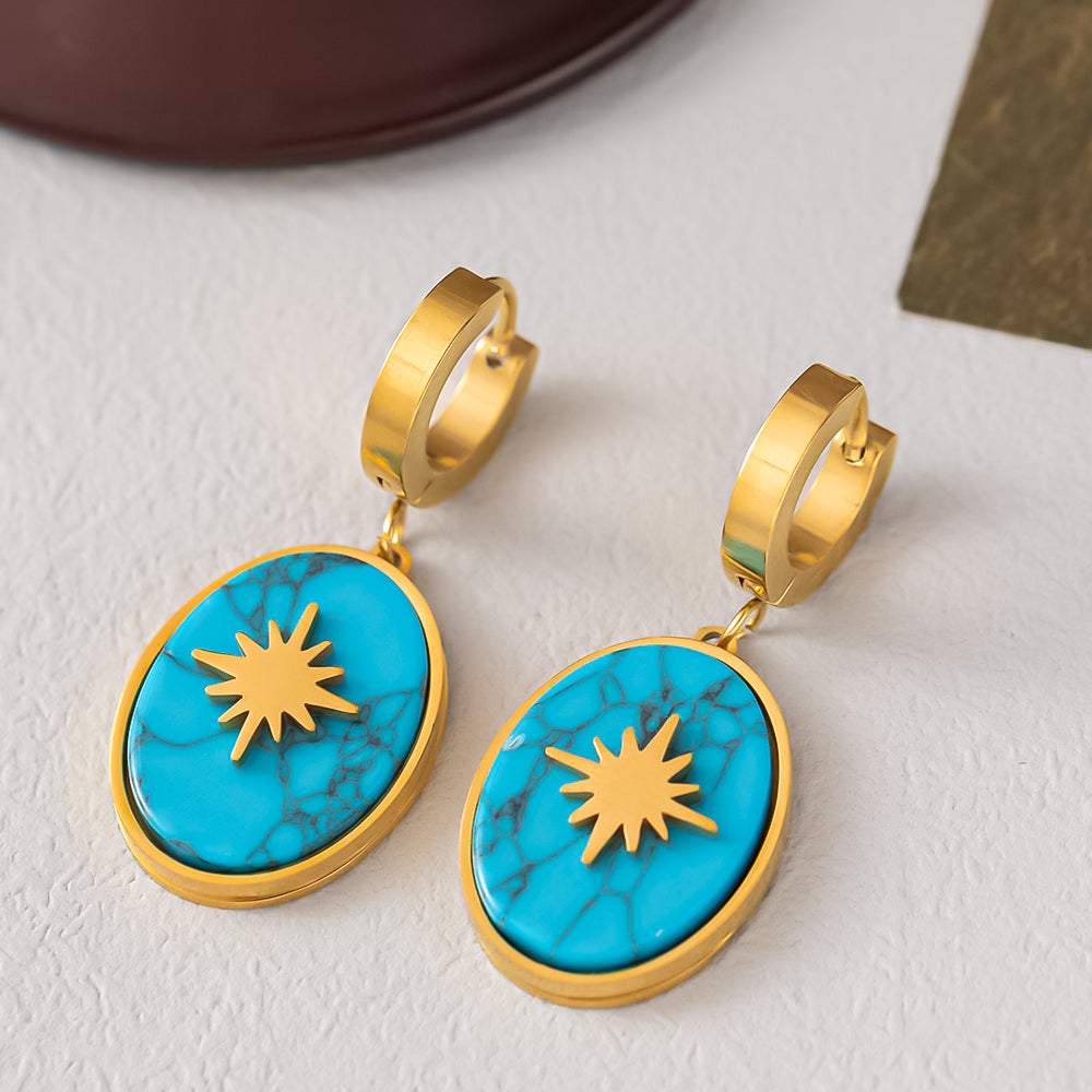 Wholesale Retro Star Oval Titanium Steel 18k Gold Plated Turquoise Earrings Necklace