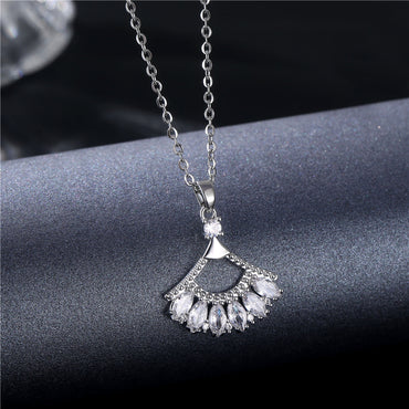 Wholesale Korean Style Peacock Leaves Water Droplets Stainless Steel Titanium Steel Platinum Plated Rhodium Plated Zircon Pendant Necklace