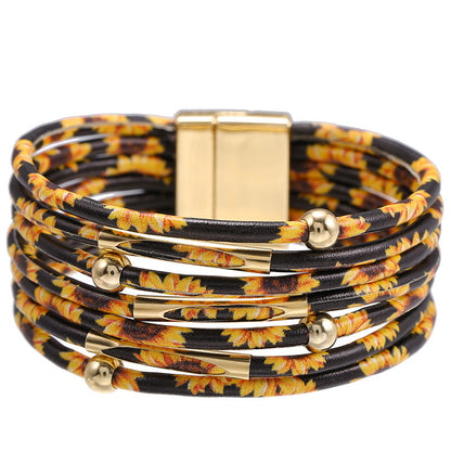 Retro Leopard Pu Leather Beaded Layered Women'S Bracelets 1 Piece