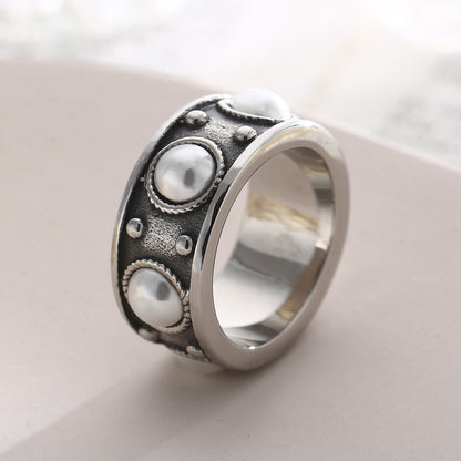 Retro Round Artificial Pearls Stainless Steel Wholesale Rings