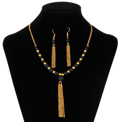 Wholesale Retro Tassel Titanium Steel Agate Earrings Necklace