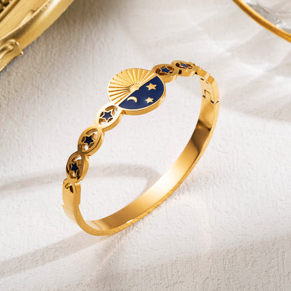 Cute Artistic Star Moon Stainless Steel Enamel Hollow Out 18k Gold Plated Bangle