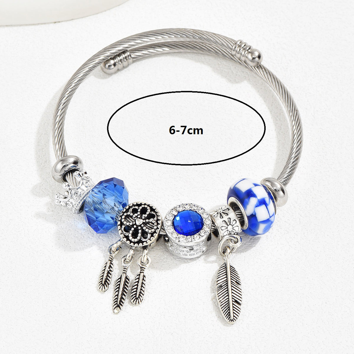 Cute Fashion Sweet Devil's Eye Feather Flower Stainless Steel Plating Inlay Zircon White Gold Plated Bangle