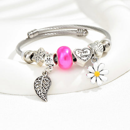 Cute Fashion Sweet Devil's Eye Feather Flower Stainless Steel Plating Inlay Zircon White Gold Plated Bangle