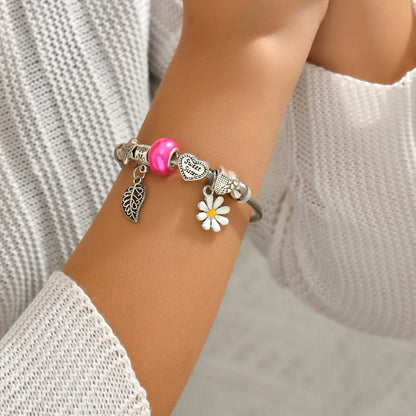 Cute Fashion Sweet Devil's Eye Feather Flower Stainless Steel Plating Inlay Zircon White Gold Plated Bangle