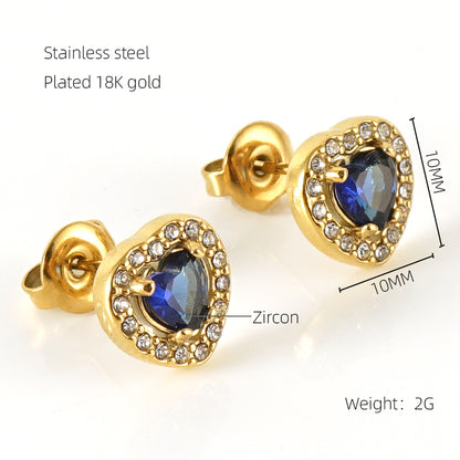 1 Pair Glam Sun Water Droplets Heart Shape Inlay Stainless Steel Rhinestones Zircon 18k Gold Plated Ear Studs