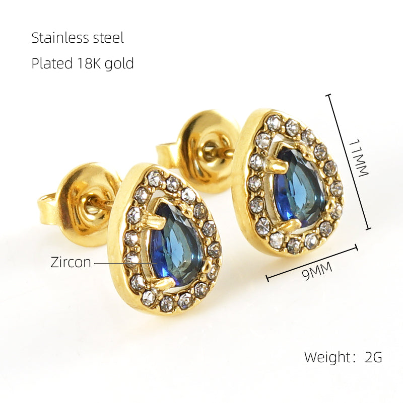 1 Pair Glam Sun Water Droplets Heart Shape Inlay Stainless Steel Rhinestones Zircon 18k Gold Plated Ear Studs