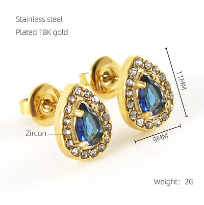 1 Pair Glam Sun Water Droplets Heart Shape Inlay Stainless Steel Rhinestones Zircon 18k Gold Plated Ear Studs