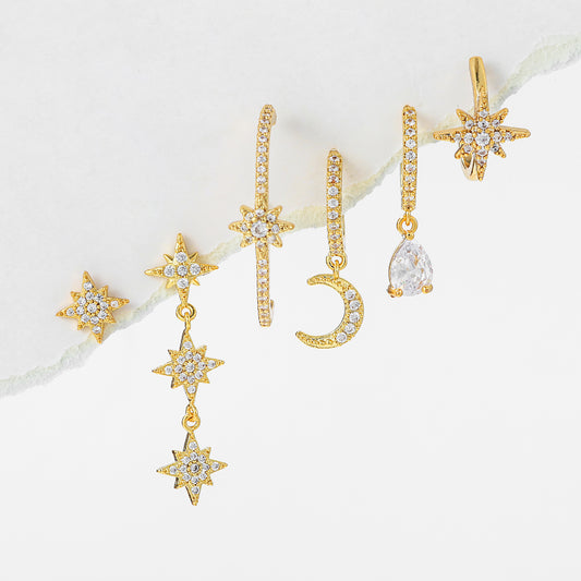 6 Pieces Simple Style Hexagram Moon Asymmetrical Plating Inlay Brass Zircon 18k Gold Plated Drop Earrings