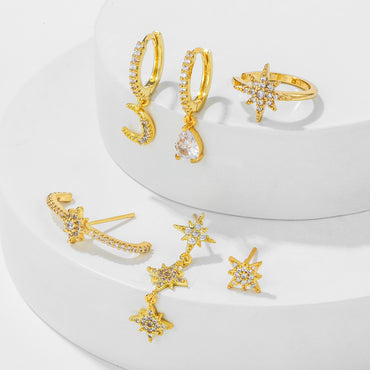 6 Pieces Simple Style Hexagram Moon Asymmetrical Plating Inlay Brass Zircon 18k Gold Plated Drop Earrings