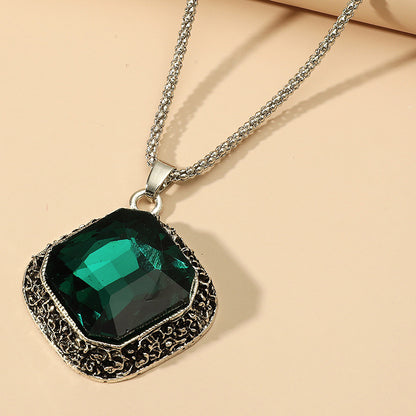 Vintage Style Rhombus Alloy Inlay Glass Women's Pendant Necklace