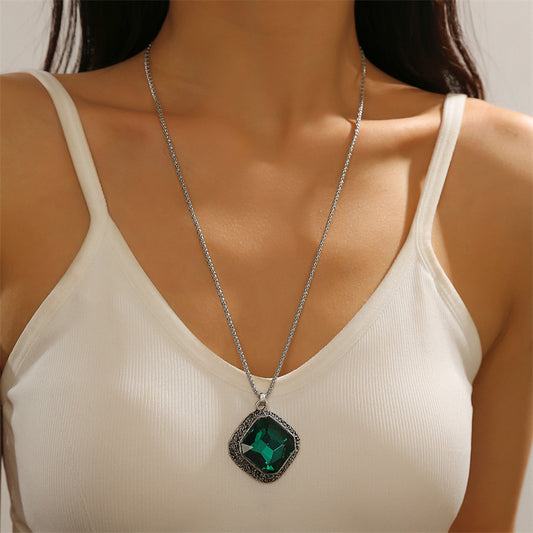 Vintage Style Rhombus Alloy Inlay Glass Women's Pendant Necklace