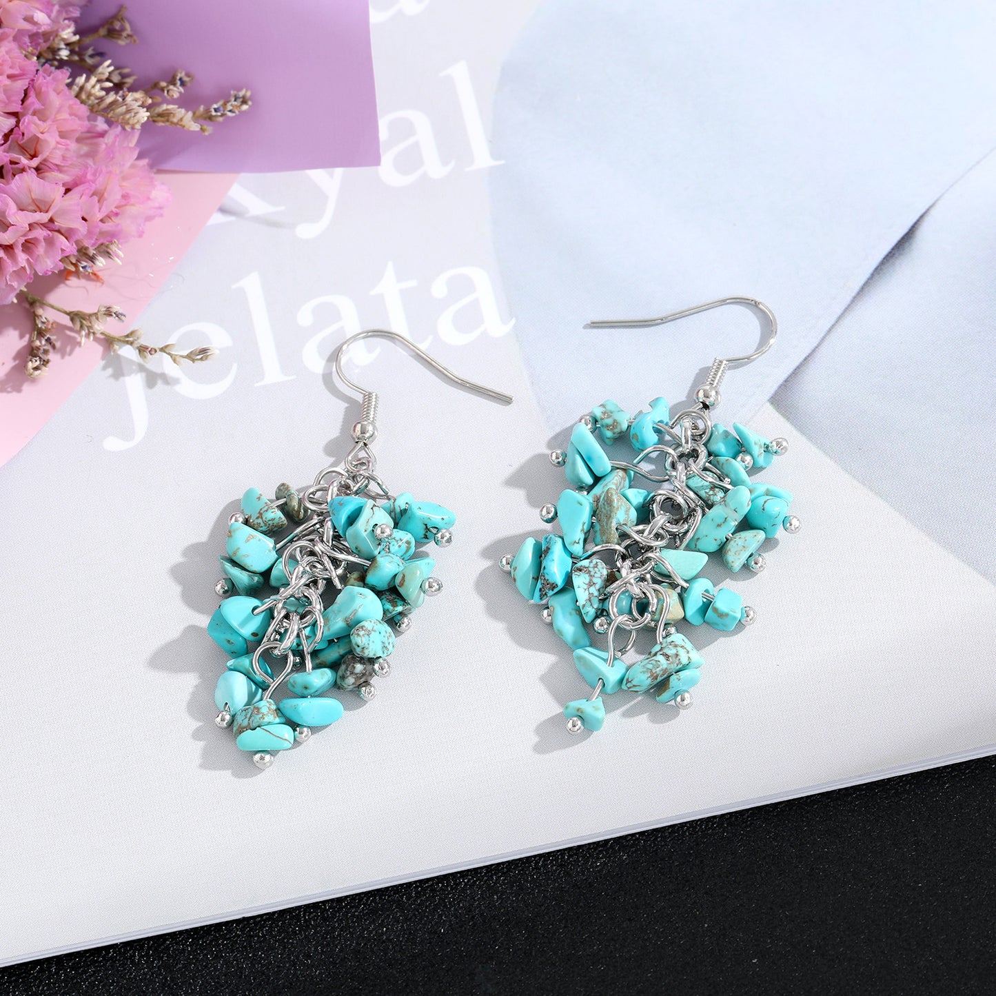 1 Pair Retro Printing Natural Stone Crystal Drop Earrings