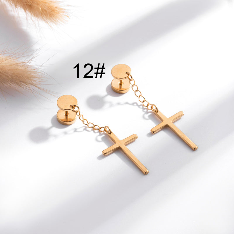 1 Pair Hip-hop Geometric Cross Feather Plating Stainless Steel Titanium Steel 18k Gold Plated Earrings