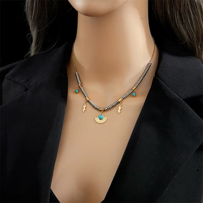 Wholesale Vintage Style Round Sector Lightning Titanium Steel 18k Gold Plated Turquoise Necklace