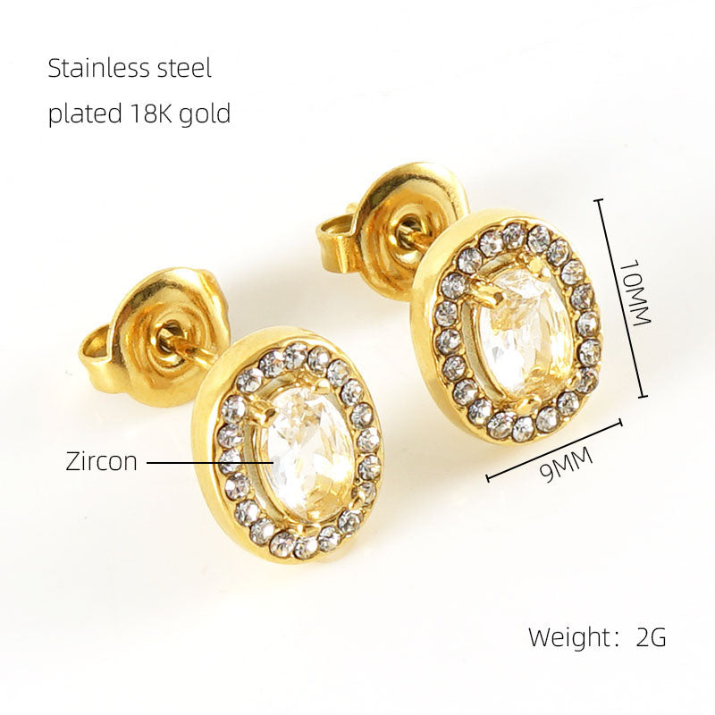 1 Pair Shiny Oval Stainless Steel Inlay Zircon 18k Gold Plated Ear Studs