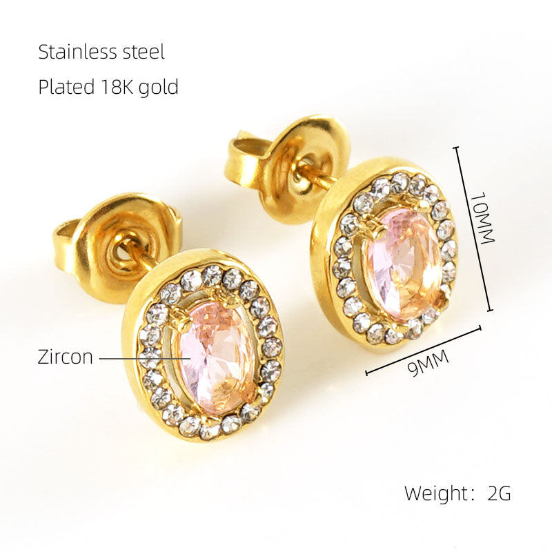 1 Pair Shiny Oval Stainless Steel Inlay Zircon 18k Gold Plated Ear Studs