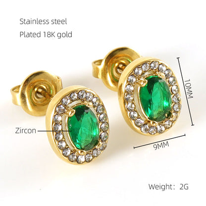 1 Pair Shiny Oval Stainless Steel Inlay Zircon 18k Gold Plated Ear Studs