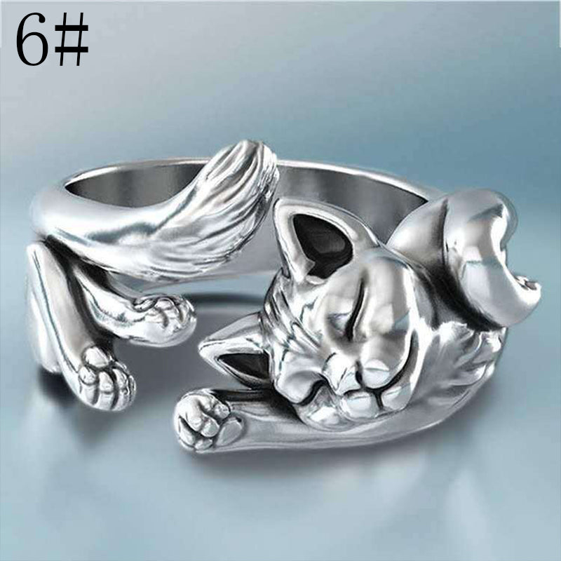 New Kitten Open Ring European And American Plated 925 Retro Thai Silver Black Live Cat Totem Ring